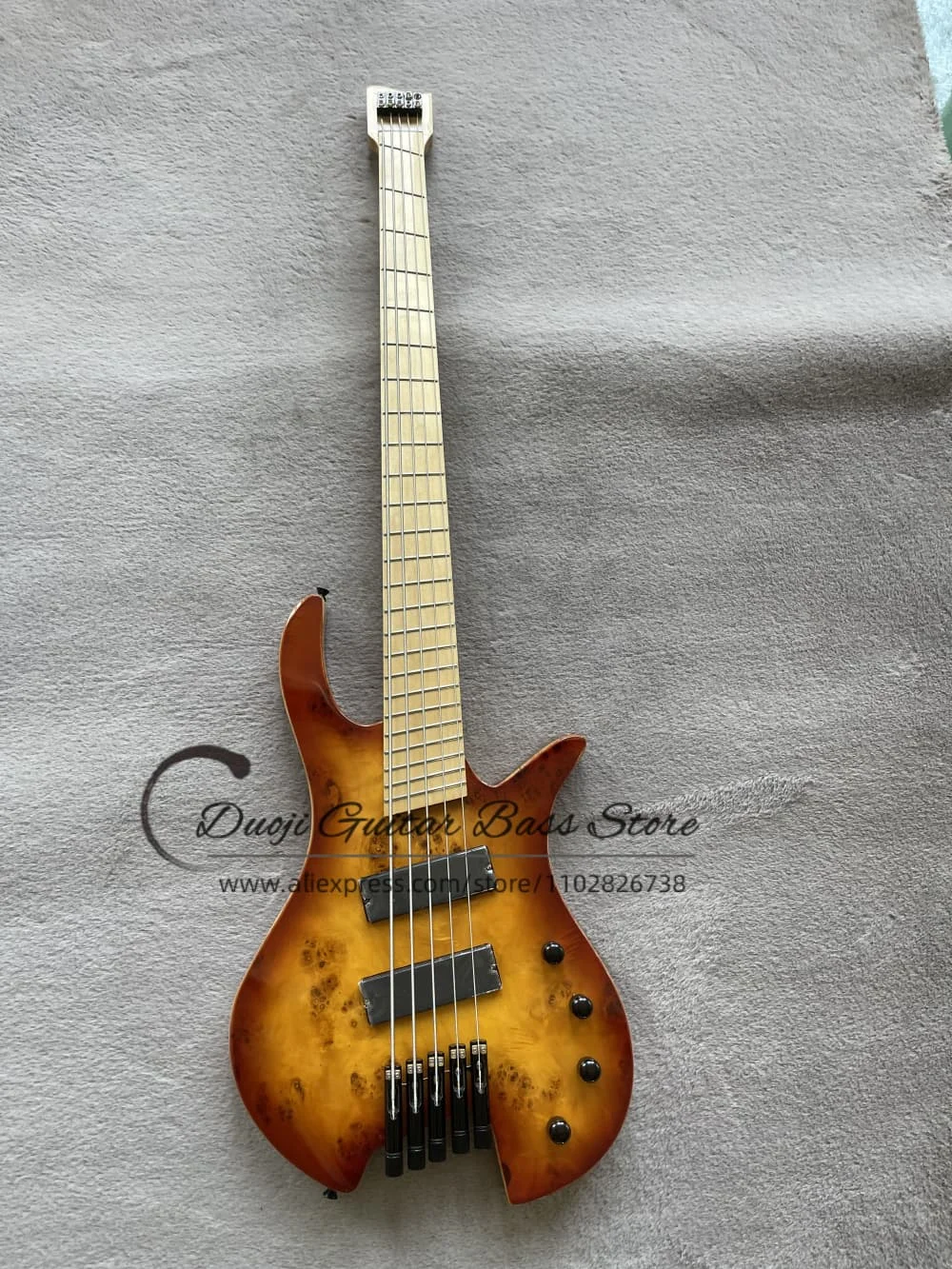 5 strings neckless bass guitar, high-quality bridge, ash wood body burl maple top, maple fretboard, 4 pickups, customizable