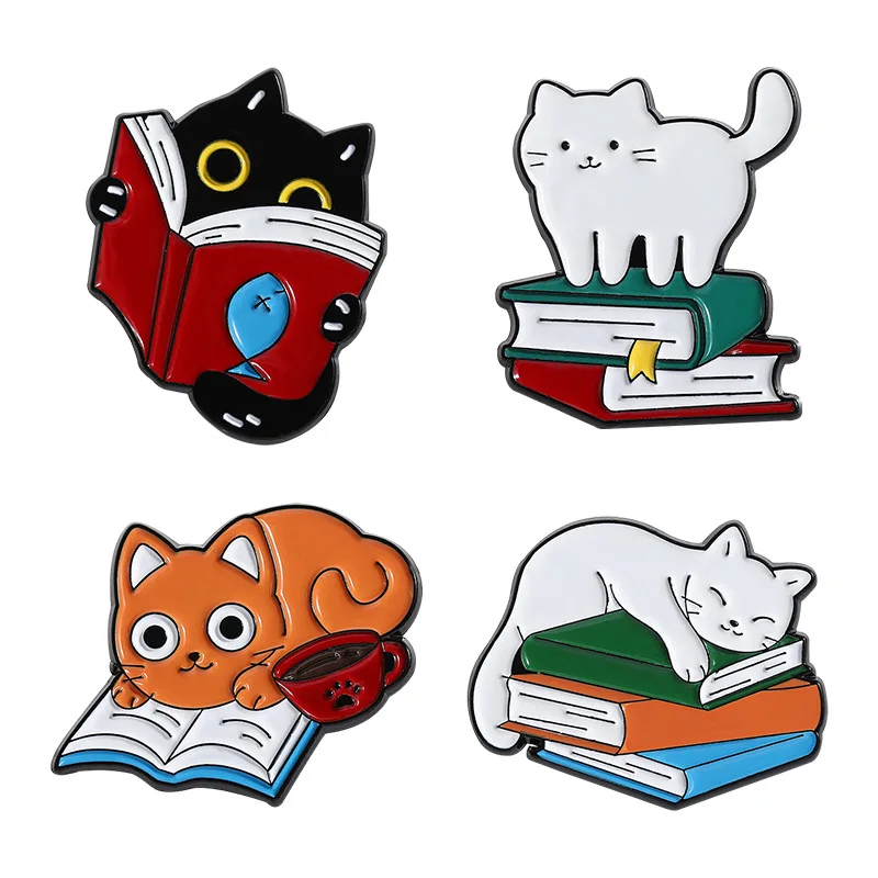 Broches en forme de livre de lecture de chat de dessin animé, badges personnalisés en alliage de lettres d'animaux, épingles d'accessoires pour vêtements, un cadeau pour les amis