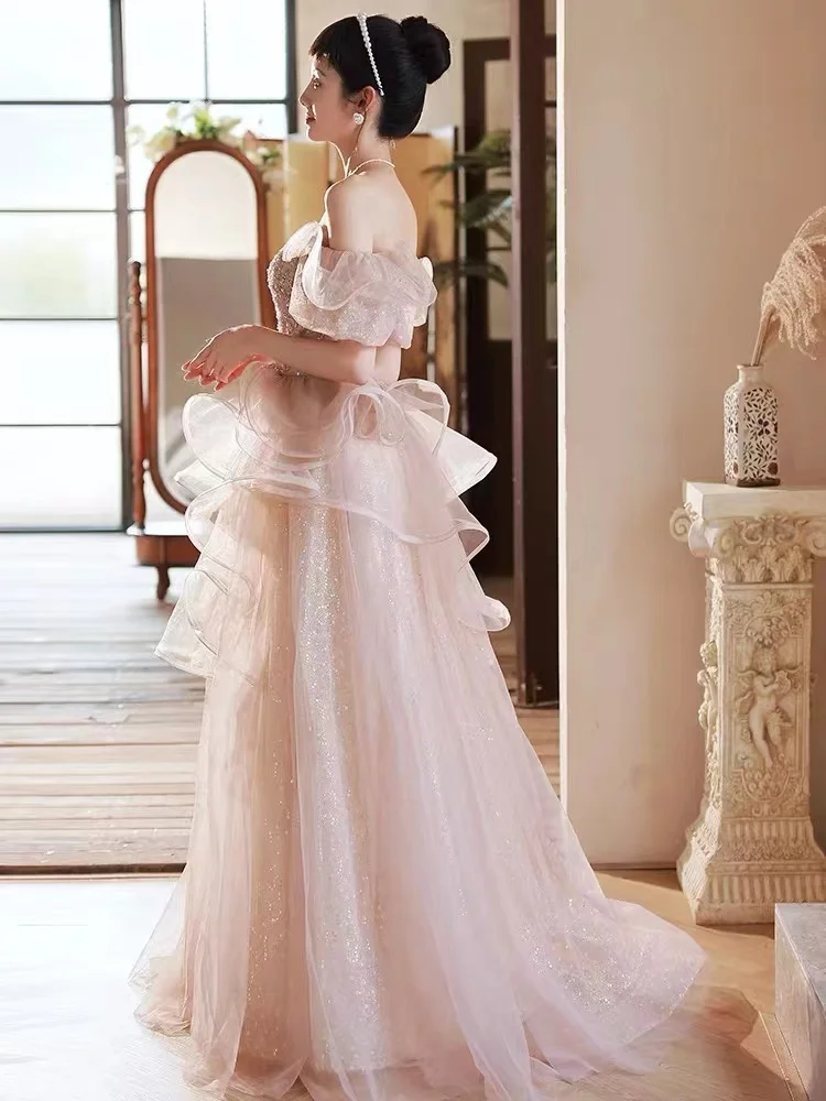 Abiti da sera formali da donna rosa Sweetheart Squisite paillettes Appliques Senza maniche con spalle scoperte Abiti da ballo lunghi fino al pavimento