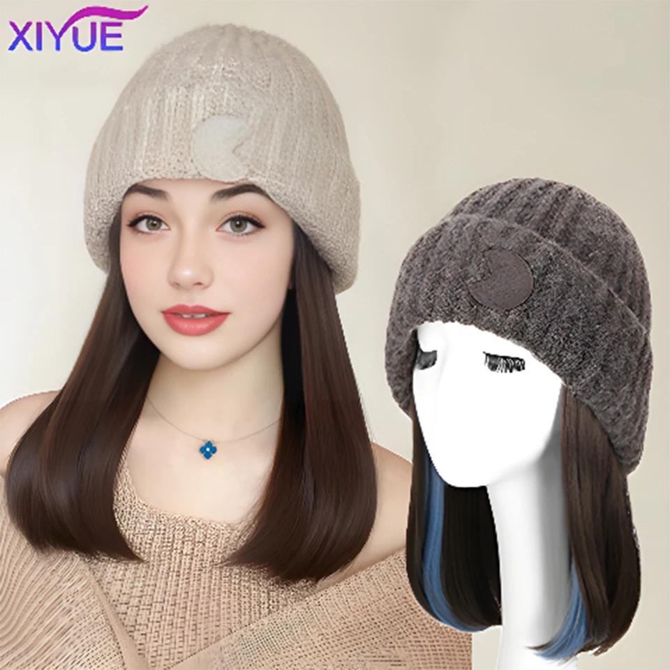 XYFashion Hat Wig Brimless Cap with Long Curly Wave Hair Extensions Knitted Synthetic Removable Hairs Piece for Women Winter Use