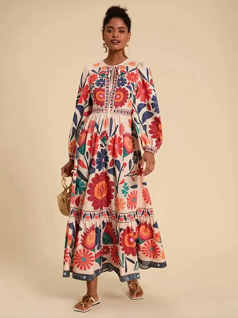 

Plus-Size Dress Long-Sleeve Tie-Waist Belted Dress Vintage-Style Floral-Print Flowy Dress Casual Bohemian Swing Gown.