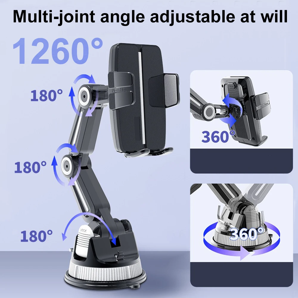 Support de téléphone de voiture à bras flexible réglable avec forte ventouse 360 °   Support de pare-brise de tableau de bord rotatif pour smartphones iPhone