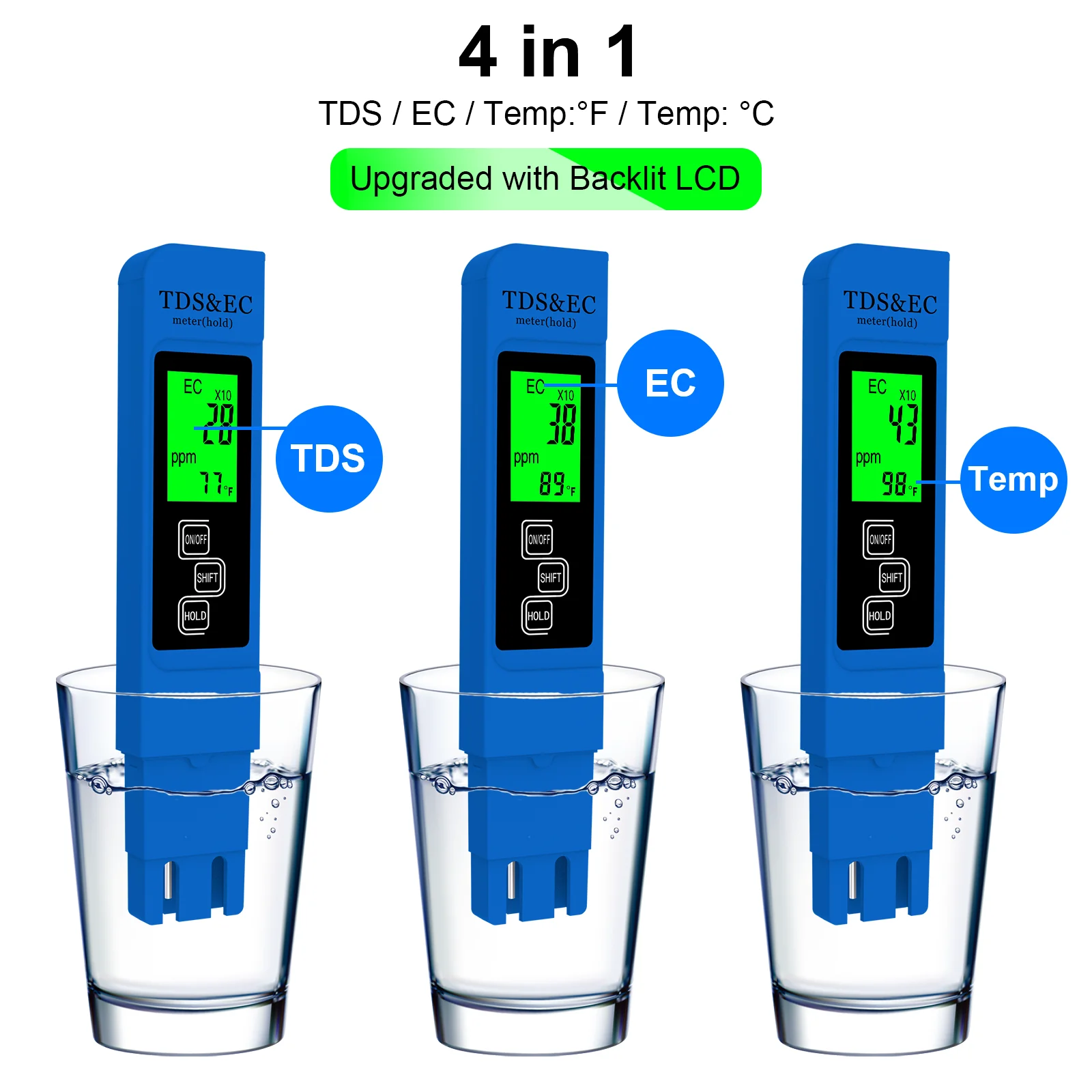 Water Quality Tester,TDS Meter, EC Meter&Temperature Meter 3 in 1, 0-9999ppm Accurate for Drinking Water, Hydroponics, Aquarium