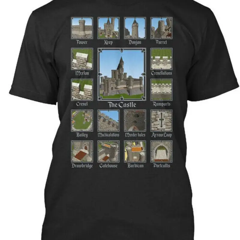 

Castle Breakdown Tower Keep Donjon Turrel Merlon T Shirt Made in USA S to 5XL