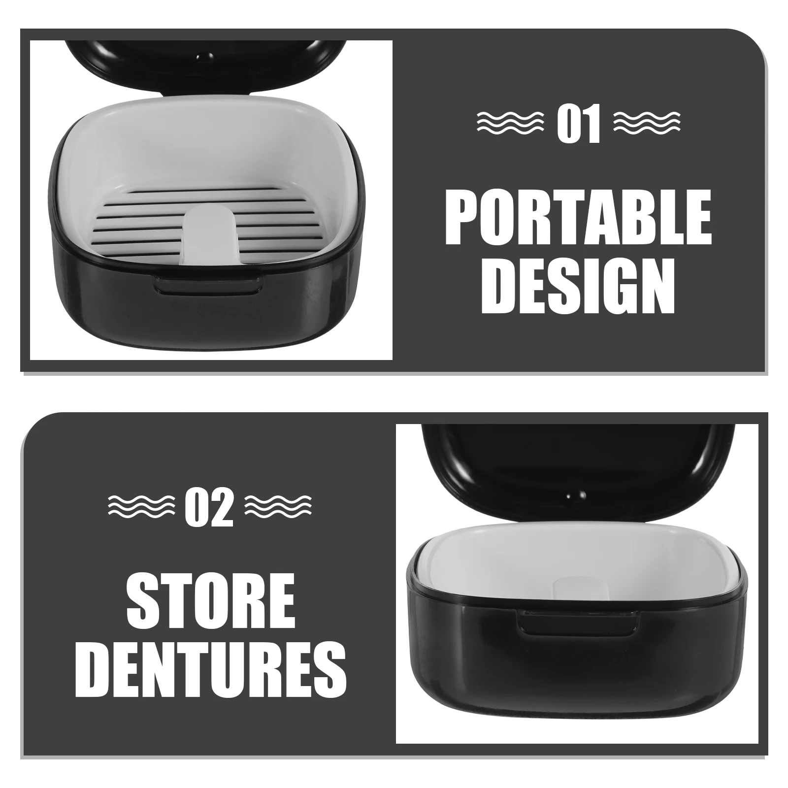 

Portable Denture Case Retainer Cases Made Of PP Material For Travel Bath Soak Container Storage Accessories Black Color Small
