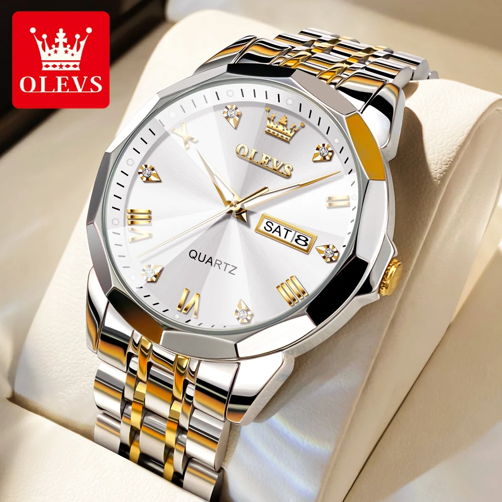 OLEVS 9931 New Business Quartz Watch for Men Dual Calendar Luxury Diamond Dial Waterproof Stainless Steel Strap Men Wristwatch