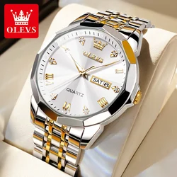 OLEVS New Men Watches Luxury Trend Quartz Clock Luminous Calendar Waterproof Round Diamond Shaped Glass Watch Stainless Steel