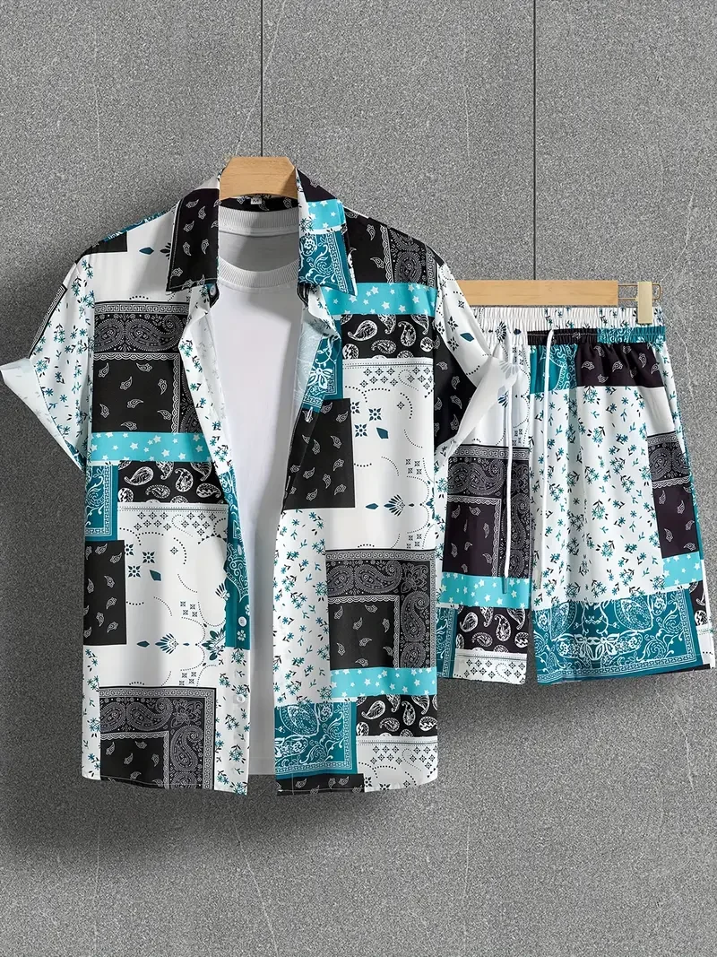 Shirt Set Men's Summer Patchwork Color Block Paisley Pattern 3D Printed Shirt And Shorts Set Retro Ethnic Style Hawaiian Shirt