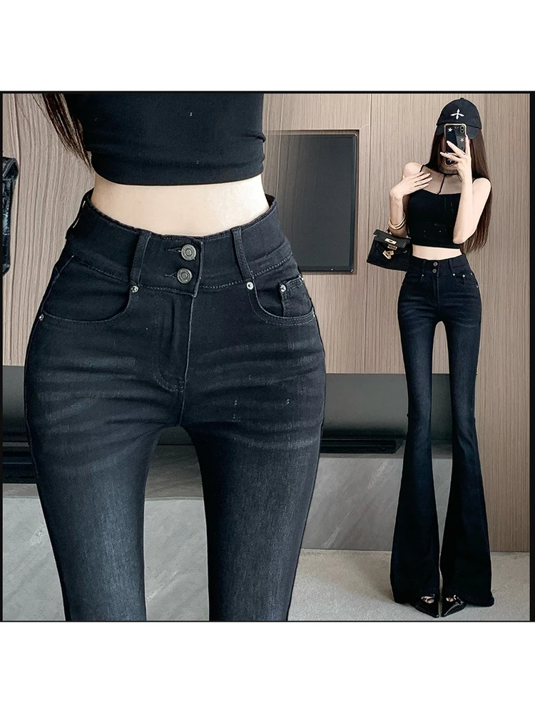 High Waist Bell Bottom Jeans Women's Slim Fit Denim Double Buckle Elastic Waist Design Sexy Dongdaemun Light Blue Casual Jeans