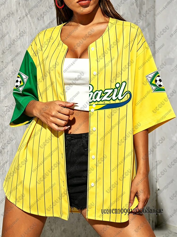 2026 Summer New Stripe Brazil Flag Print Blouse Women Streetwear Patchwork Baseball Shirt Football Short Sleeve Button Up Top