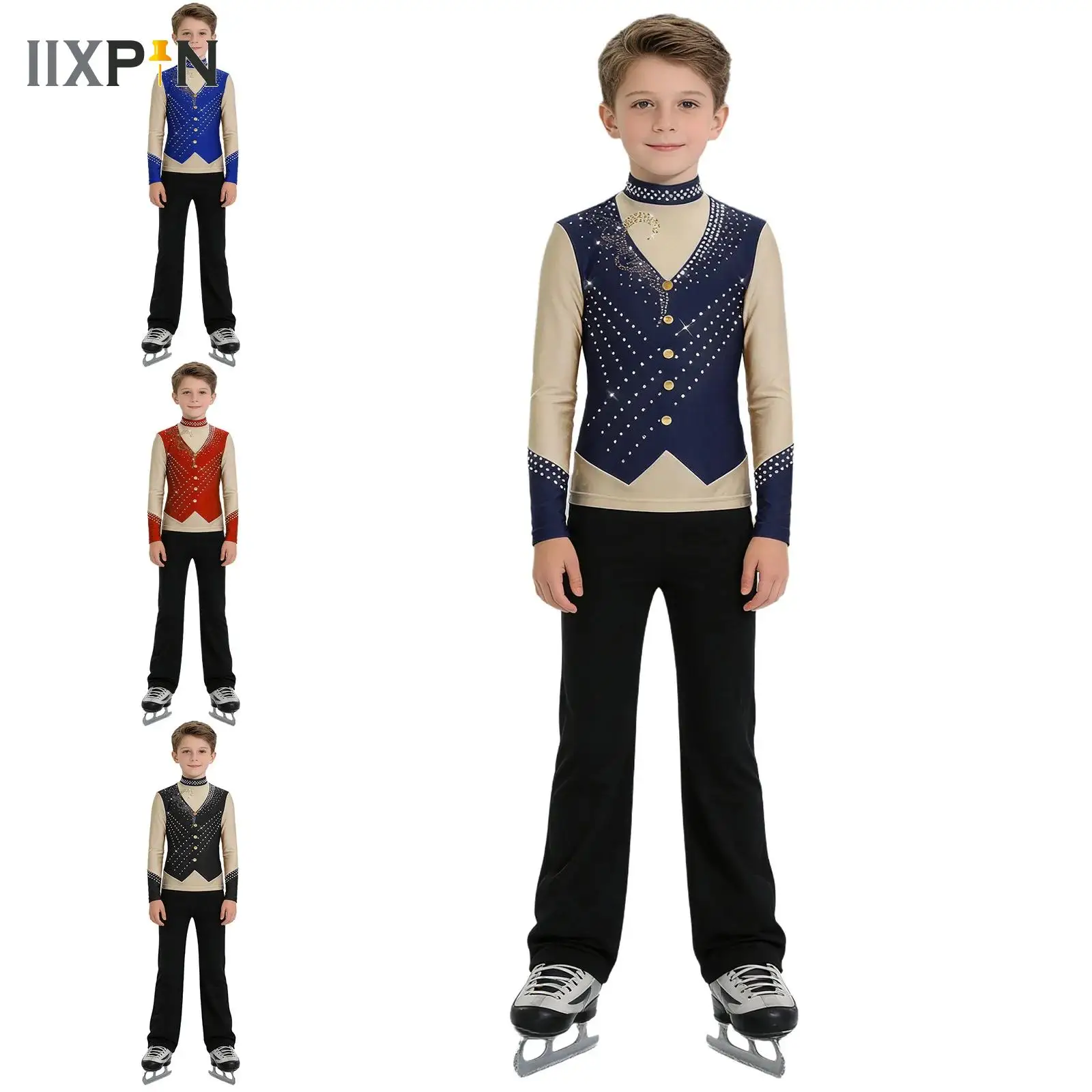 

Glitter Rhinestones Figure Ice Skating Dance Outfit Kids Boys Long Sleeve Top Pants Suit for Gymnastics Competition Performance