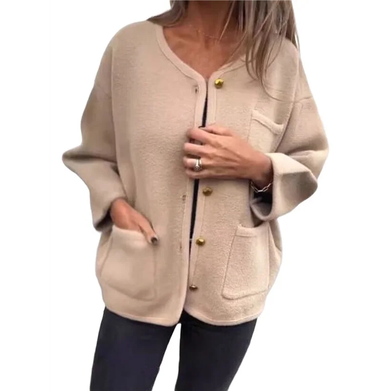 

Women's Autumn And Winter Fashion Casual Round Neck Long Sleeve Button Woolen Coat With Pockets