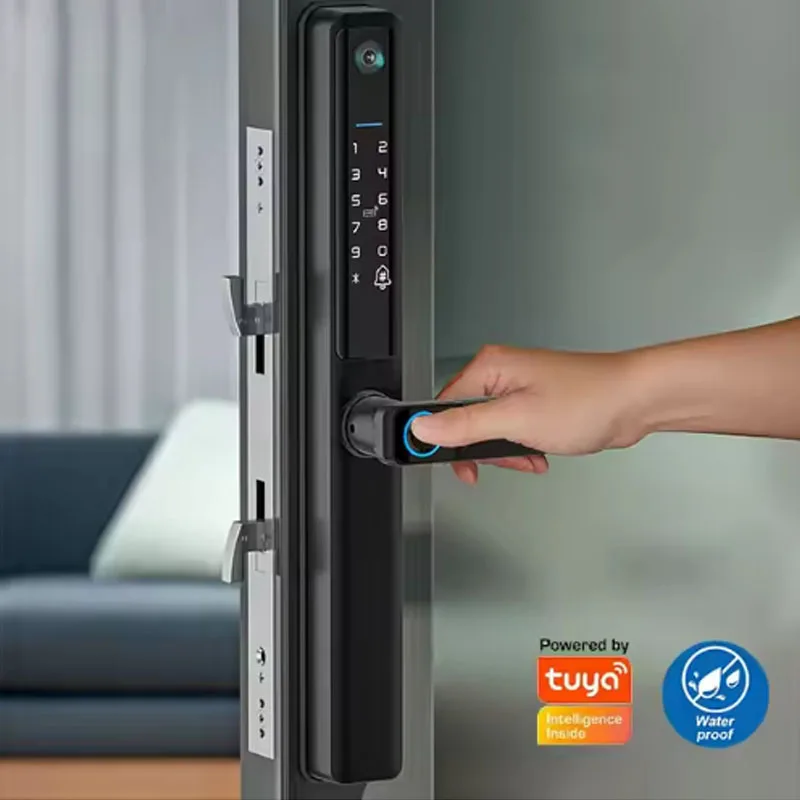 Porta de casa inteligente com impressão digital, recurso deslizante para madeira, alumínio, vidro, rede wi-fi, nuvem, câmera embutida