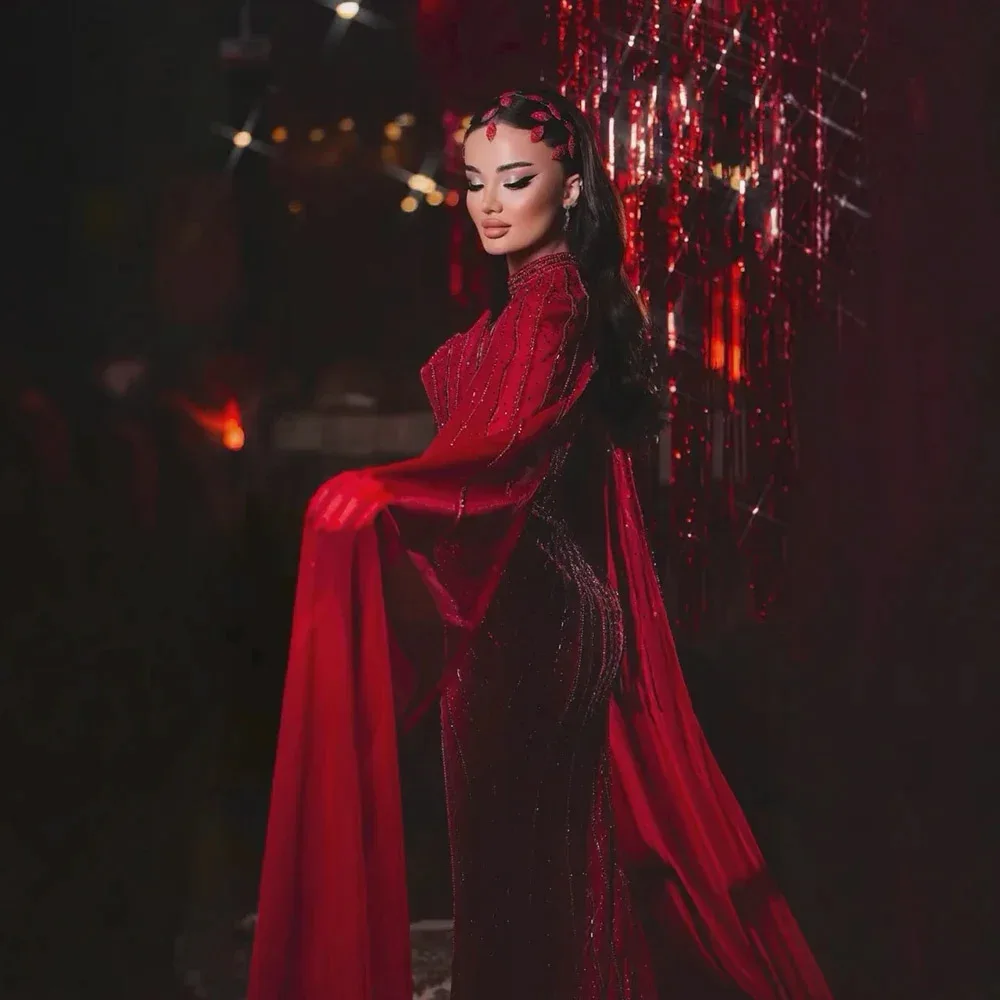 Eshaut & Bridal Elegante abito da sera a sirena per donna con maniche a mantella 2025 Abito lungo da cerimonia nuziale formale da ballo personalizzato