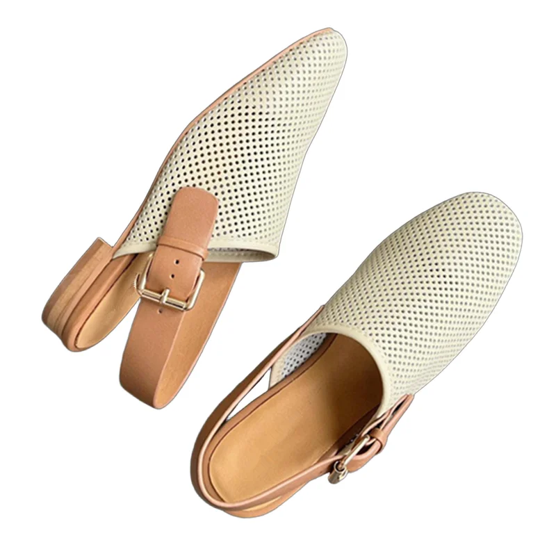 

Withered Minimalist Genuine Leather Hollow Handmade Mules French Lazy Retro Round Toe Flat Slippers Sandals Shoes For Women