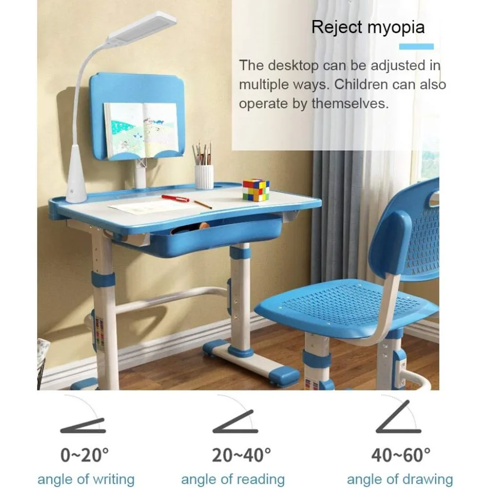 Kinderbureau En Stoel Set, Studiebureau Kanteling Desktop Boekenstandaard, Led Lamp, Metalen Haak En Opberglade Voor Jongensmeisjes, (Blauw)