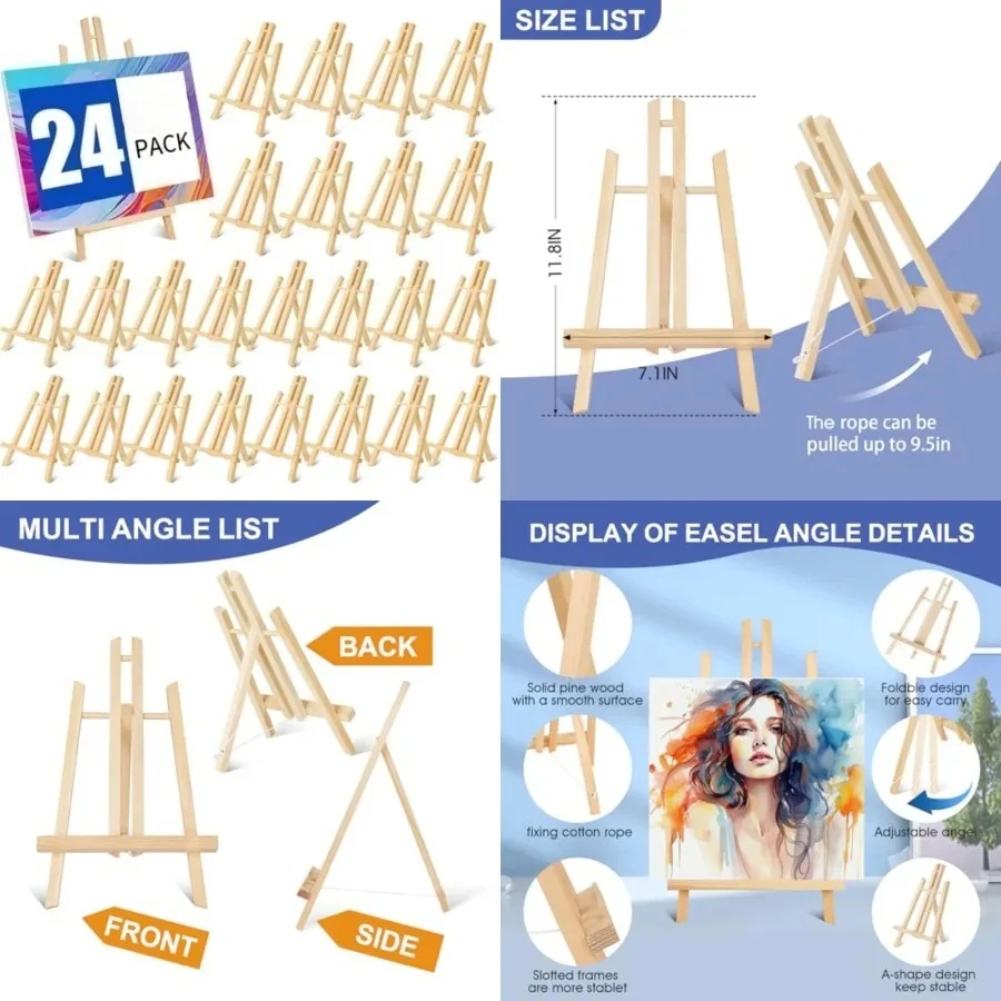 24 Pack 11.8" Wood Easels,Tabletop Easel for Painting,Painting Party, Displaying Canvases, Kids Student Table School Desktop, Portable Canvas Photo Picture Sign Holder