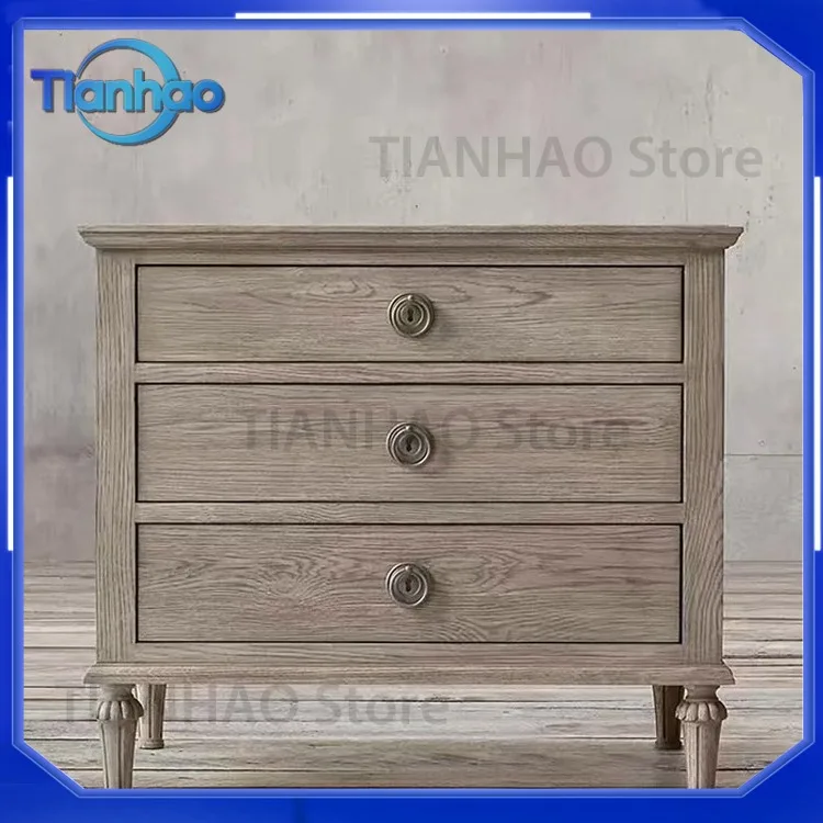 Oak Gray Nightstand for RH American Light Luxury Solid Wood Carved Bedroom Three-Drawer Side or Footboard Storage Cabinet
