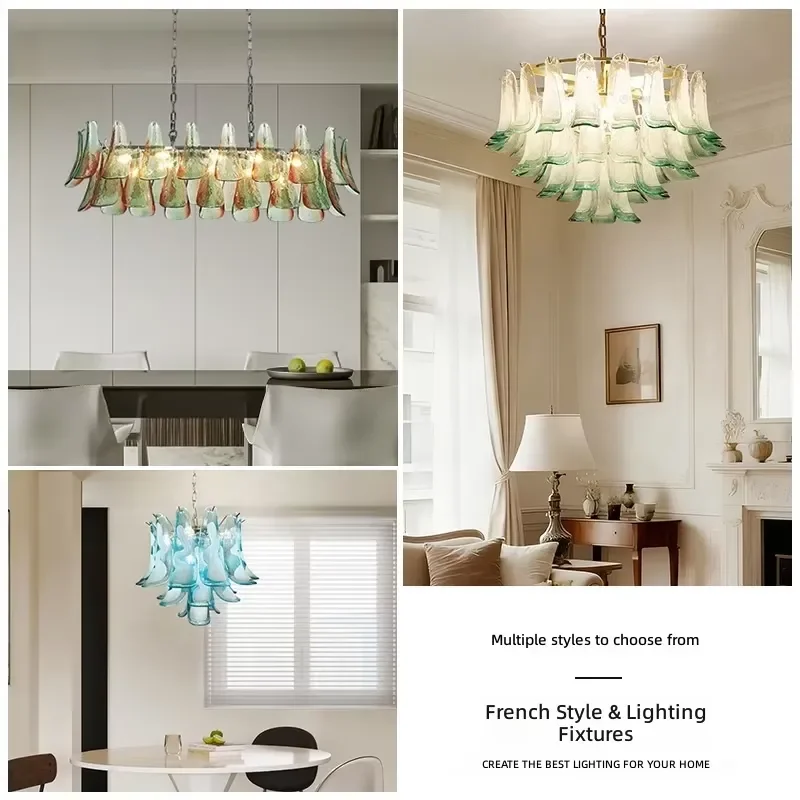 Handmade iron glass petal chandelier, vintage style, suitable for living room, French Murano style LED art lamp