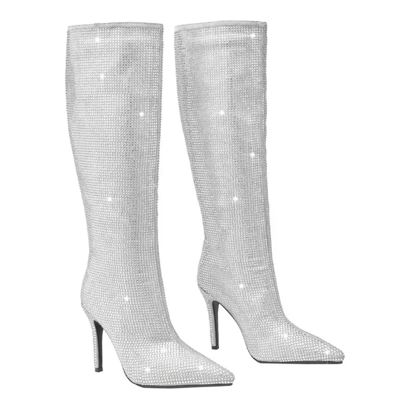 New Long Boots For Women, Straight Barrel Shining Shining Diamond Pointed Thin High Heels, Sexy European And American Boots