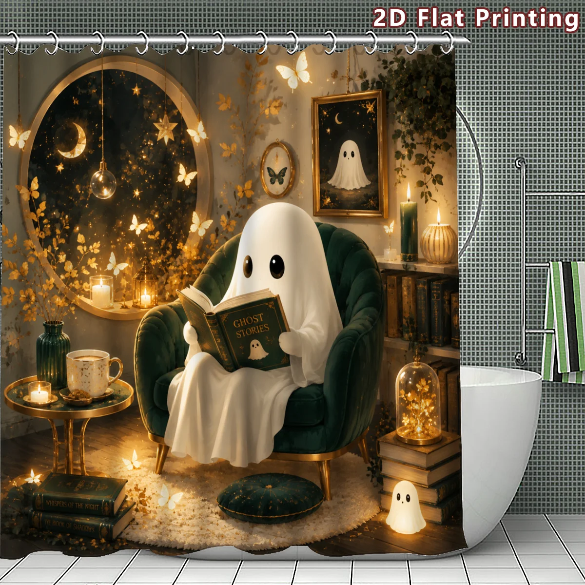 Spooky Ghost Story Reading Nook Bathroom Shower Curtain Halloween Haunted Library Decor ,Rod Pocket Blackout Curtains Bedroom