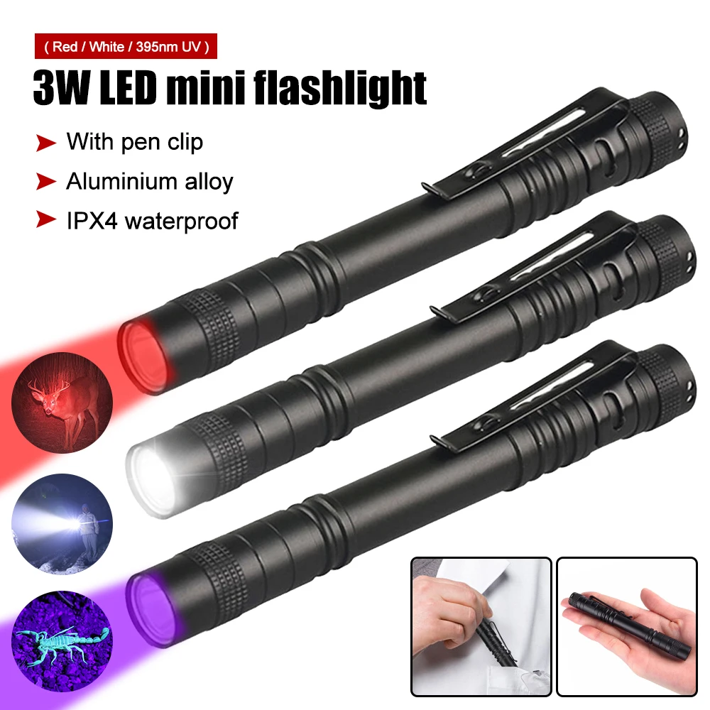 Mini LED Flashlight UV Penlight White/Red Light Handheld Pen Light 1 Switch Mode Clip Pocket Lamp Power by AAA Battery