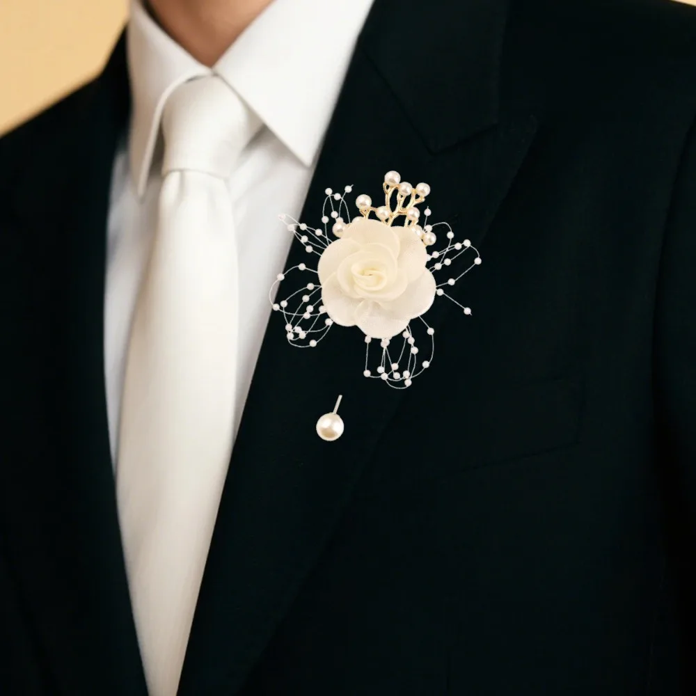 

Fairy Ivory Tulle Rose Wrist Corsage Gold Leaf Pearl Beaded Groom Boutonniere Wedding Accessories Women's Wedding Props