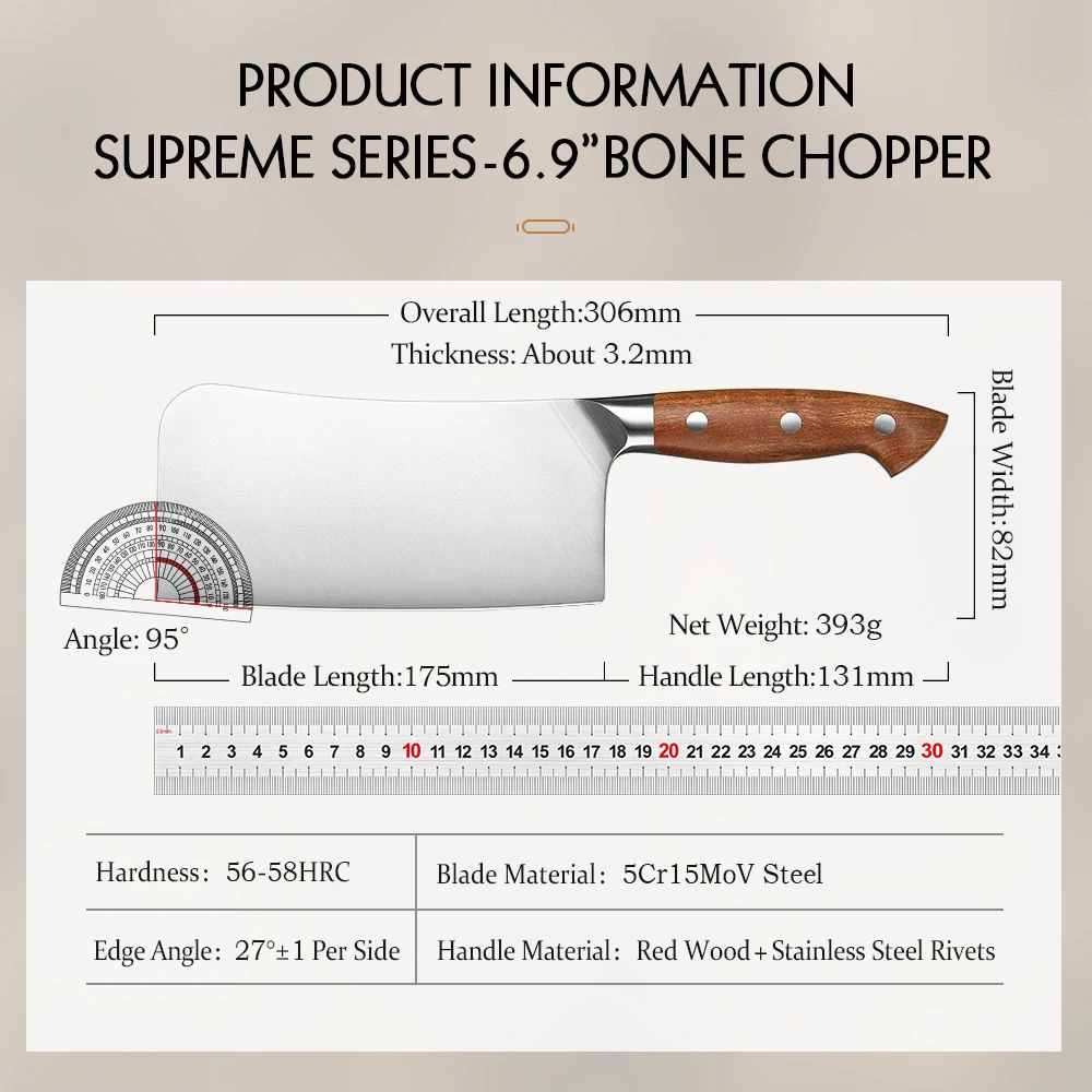 HEZHEN 6.9 Inches Bone Chopper Knife 1.4116 steel Red Wood Handle Cook Tools Chopping Kitchen Knife Accessories Box