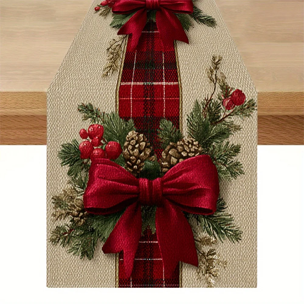 1pc Christmas Season Plaid Table Runner, Bow & Pine Cone Elements, Essential Xmas Decor for Home Dining Table & Festive Events