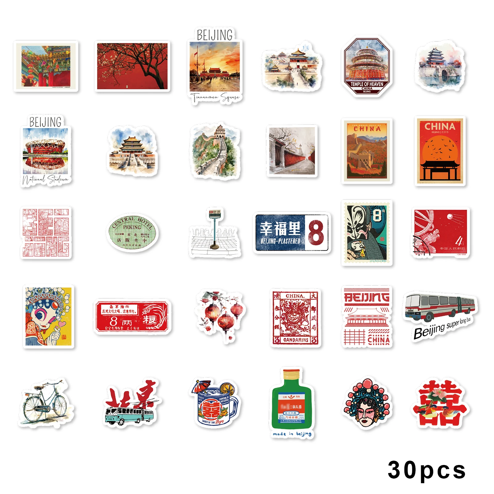 30pcs Chinese Retro Graffiti Stickers Decorated Notebook Diary Water Cup Guitar Suitcase Classic Toy Scrapbook DIY Decals