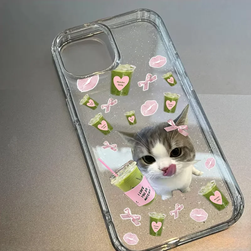 Cute Matcha Cat Pattern Kawaii Cartoon Phone Case For iPhone 17 16 15 14 13 12 11 Pro MAX XR XS 7 8 Plus Mini 17air Clear Cover view 3