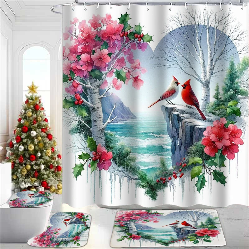 

Christmas Festival decorat Pattern Shower Curtain Bath Sets Waterproof Non-Slip Bathroom Rug Toilet U With 12 Hooks Home Deco