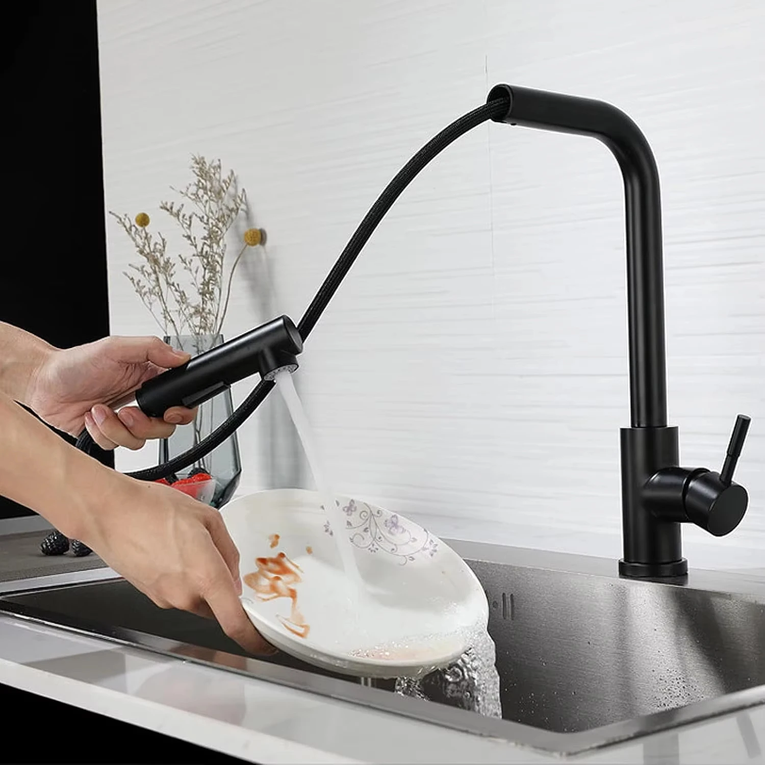 

304 stainless steel black/gray kitchen faucet, dual function single handle pull-out hot and cold faucet, deck installation