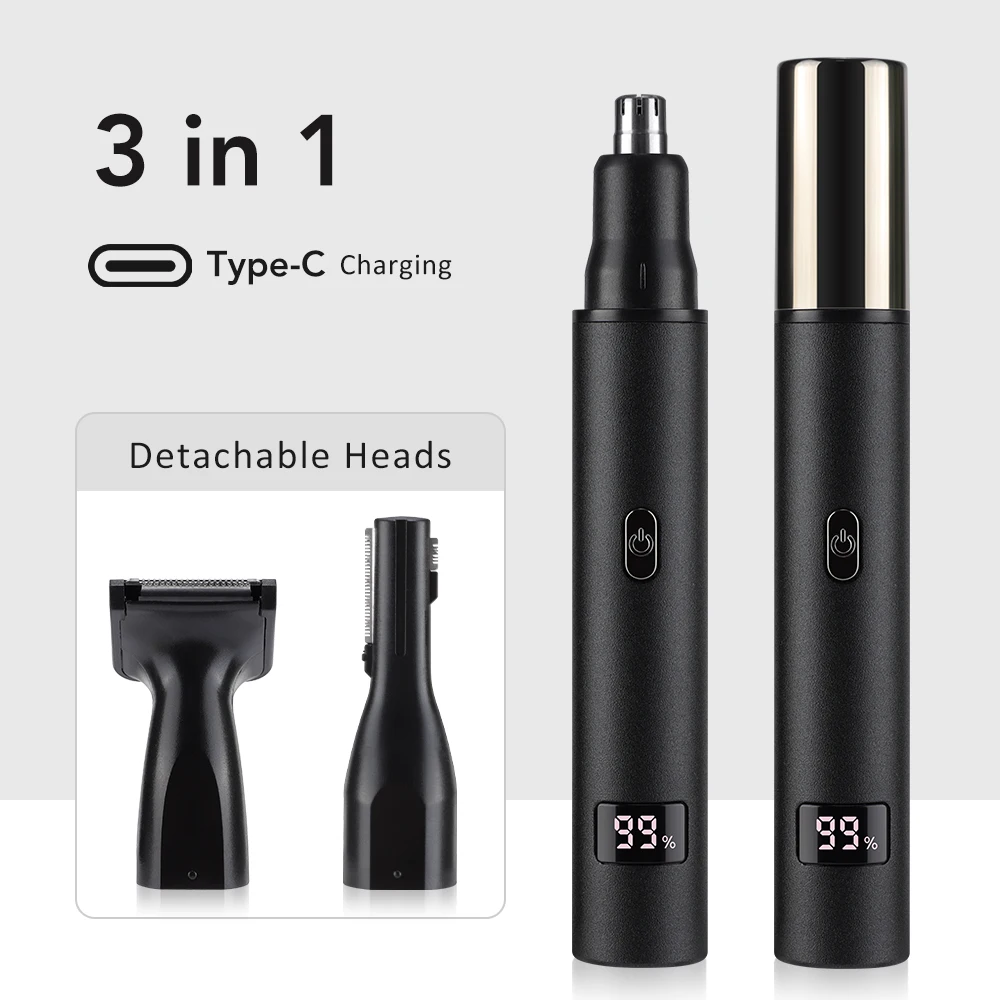 3 in 1 Electric Nose Ear Hair Trimmer for Men LED Display Painless Sideburns Eyebrow Beard Hair Clipper Shaver USB Rechargeable