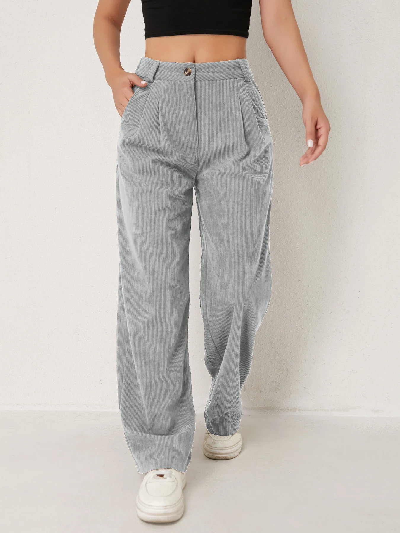 Neue Herbst- und Winter-Freizeitanzüge für Damen in Unifarben aus Cord mit weitem Bein und geraden, samtartigen Hosen, die schlank aussehen – Detail 9