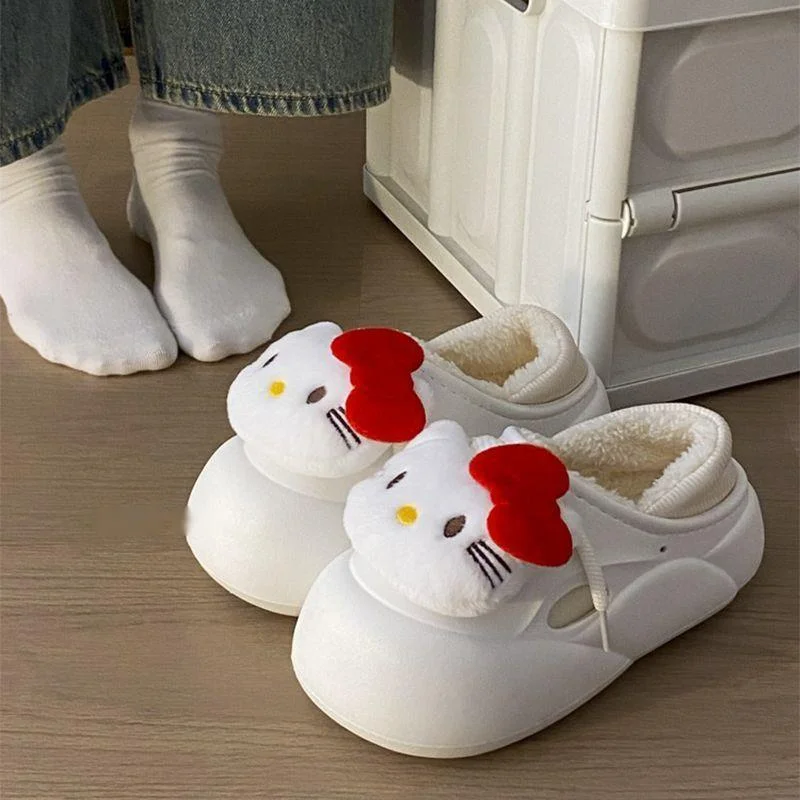 Hello Kitty Autumn Winter Female Cotton Slippers Cute Warm Thick Sole Anti Slip Plush Slippers Japanese Style Kawaii Home Shoes