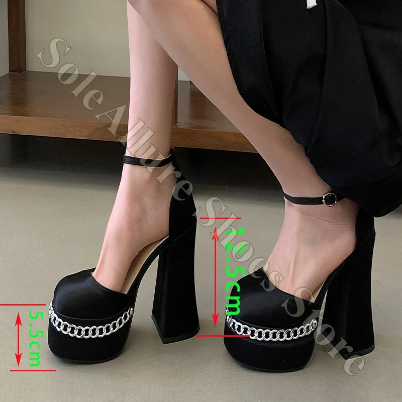 

Satin Mary Jane Heels Satin Upper Chain Decor Ankle Strap Non Slip Comfortable Cushioned Supportive Lightweight Lady Party Shoes