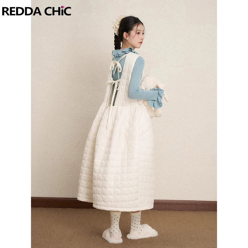 REDDACHiC Vestido feminino acolchoado de algodão, camada sólida, casual, bolsos, sem mangas, midi, vestido longo, roupa coreana de outono