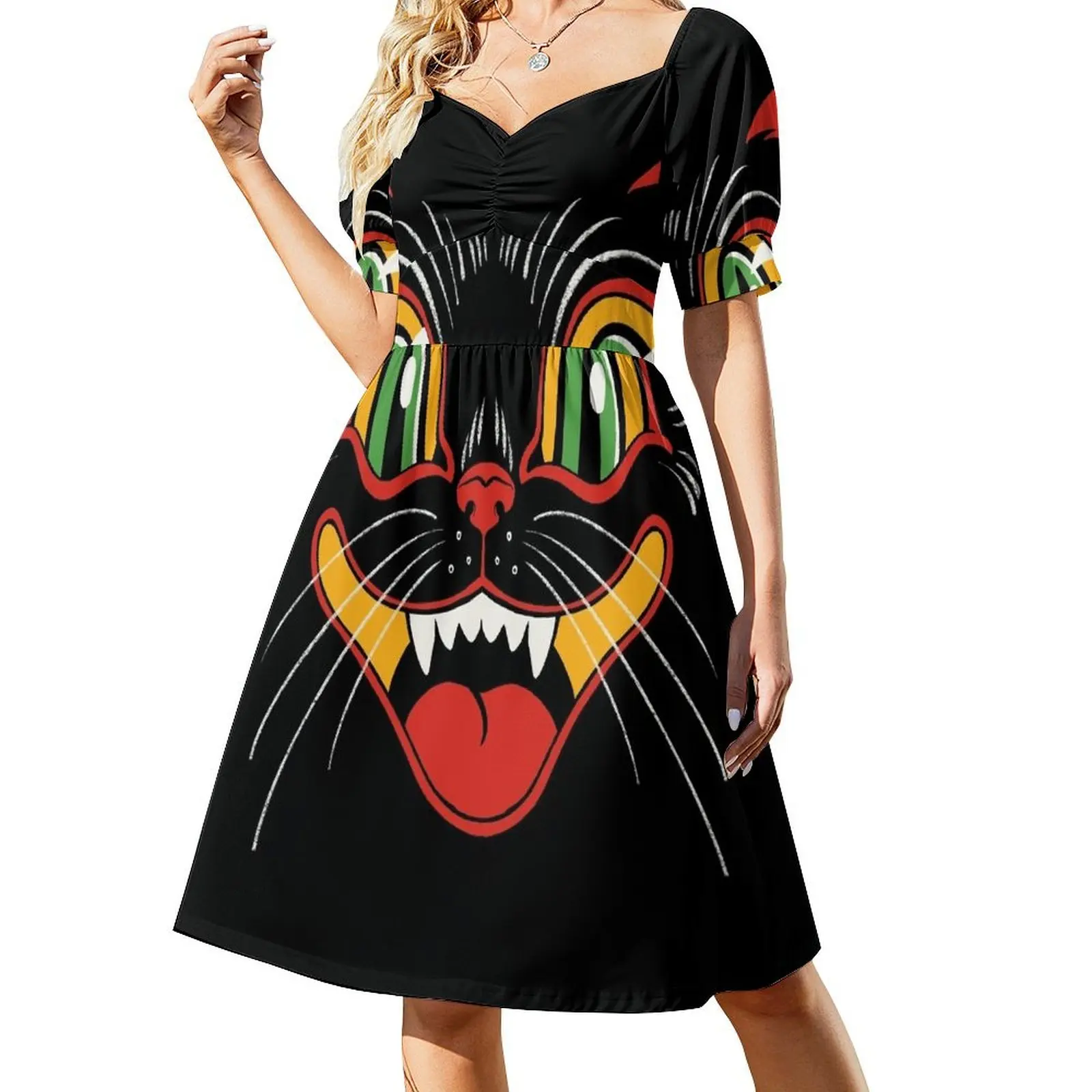 

Retro Vintage Halloween Decor Black Cat Face Short Sleeved Dress women dresses sexy dress Dress