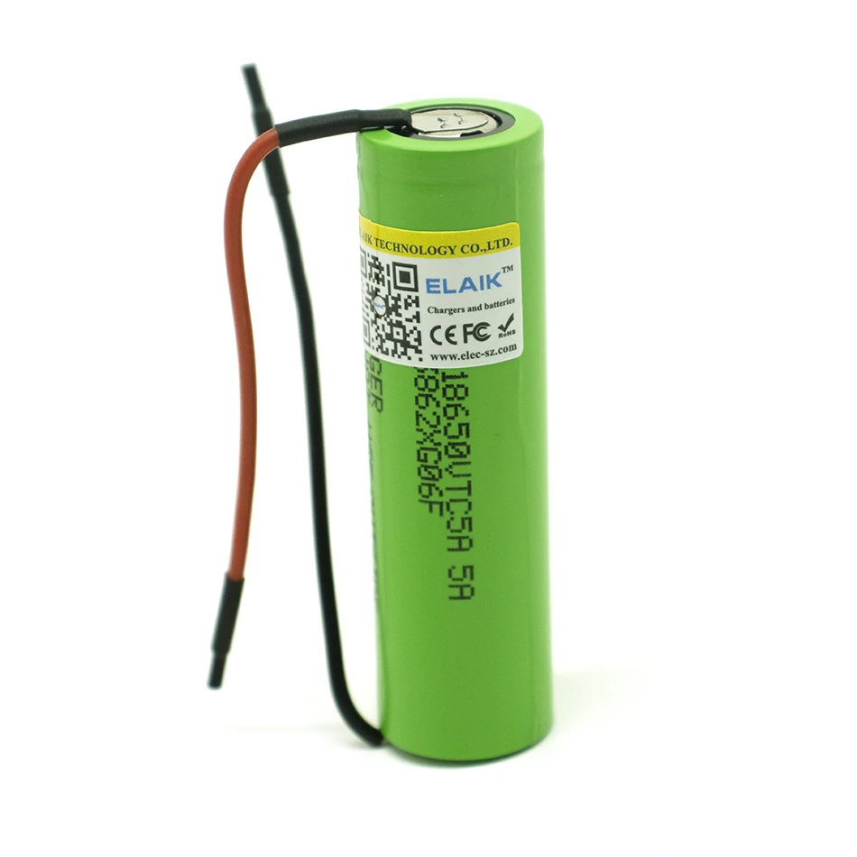 Elaik-オリジナルの充電式バッテリー,vtc5a,40aパルス,60a,3.6v,18650,vtc5,2600mah,高排水,40a,diy配線,配線,1〜20個