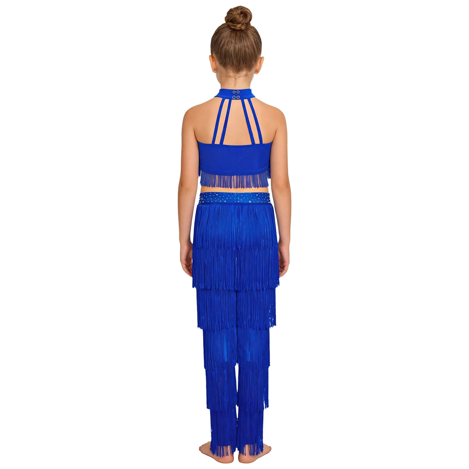 Kids Girls Latin Salsa Tango Dance Costume Sleeveless Tiered Tassels Crop Top with Pants for Samba Rumba Dance Stage Performance