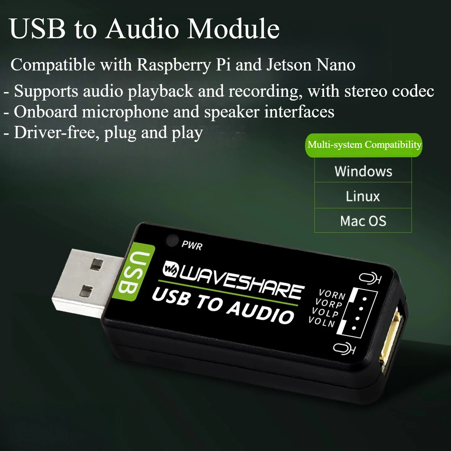 USB Audio Module, Driver-Free Sound Card, Audio Converter for Raspberry Pi 4B & Jetson Nano, Supports Audio Playback & Recording