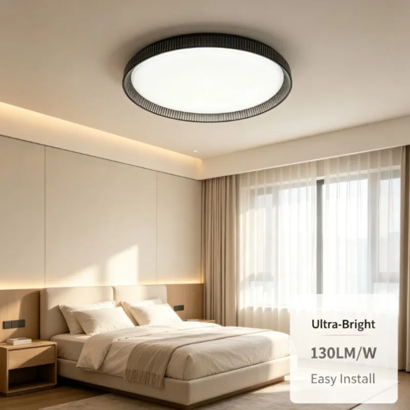 Modern Led Ceiling Light Round Fixture With Ribbed Metal Frame And Dimmable Function For Bedroom Living Room Ambient Home