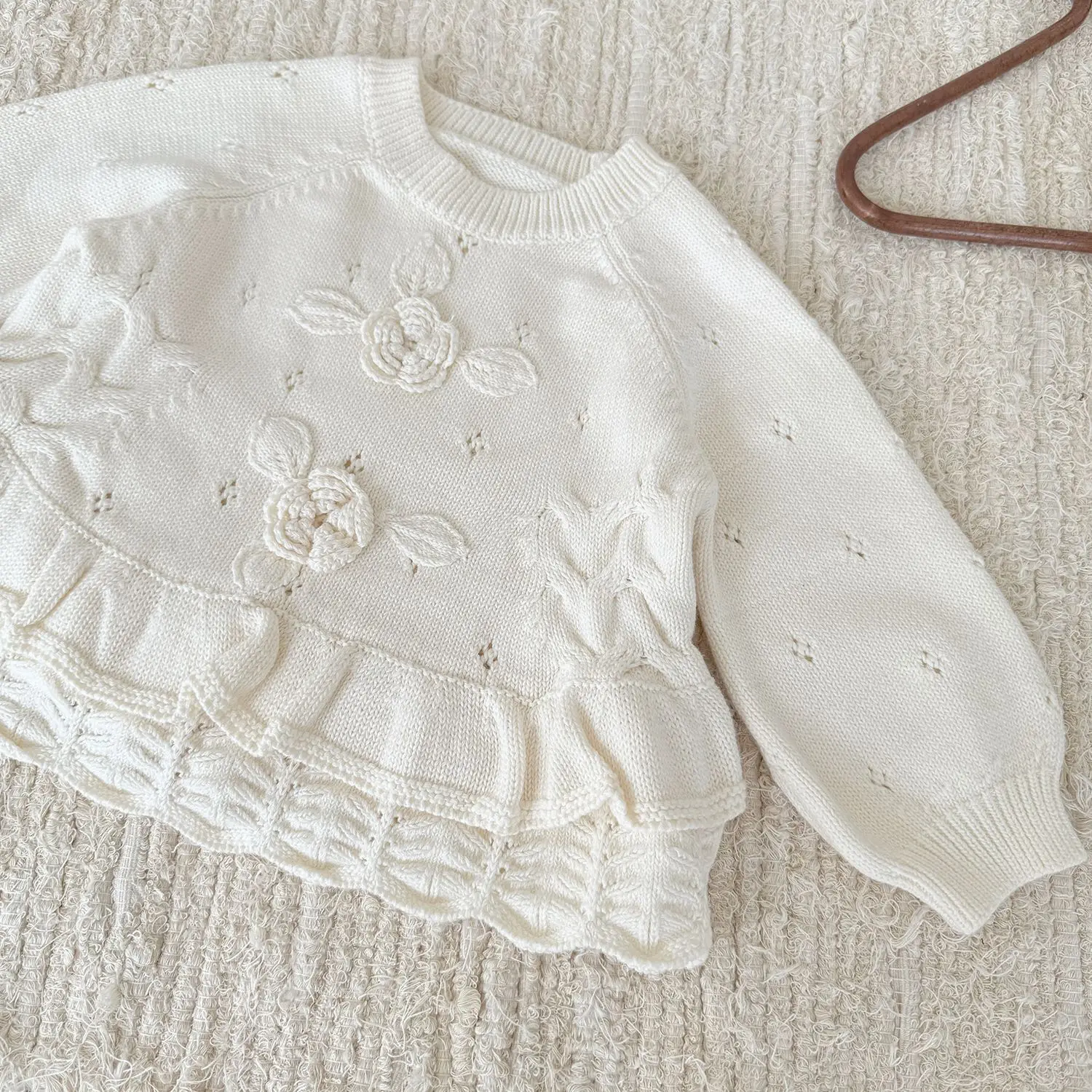 2026 New Autumn Toddlers Girls Knitted Pullovers Sweaters Crochet Flowers Ruffles Korean Style Baby Kids Sweater