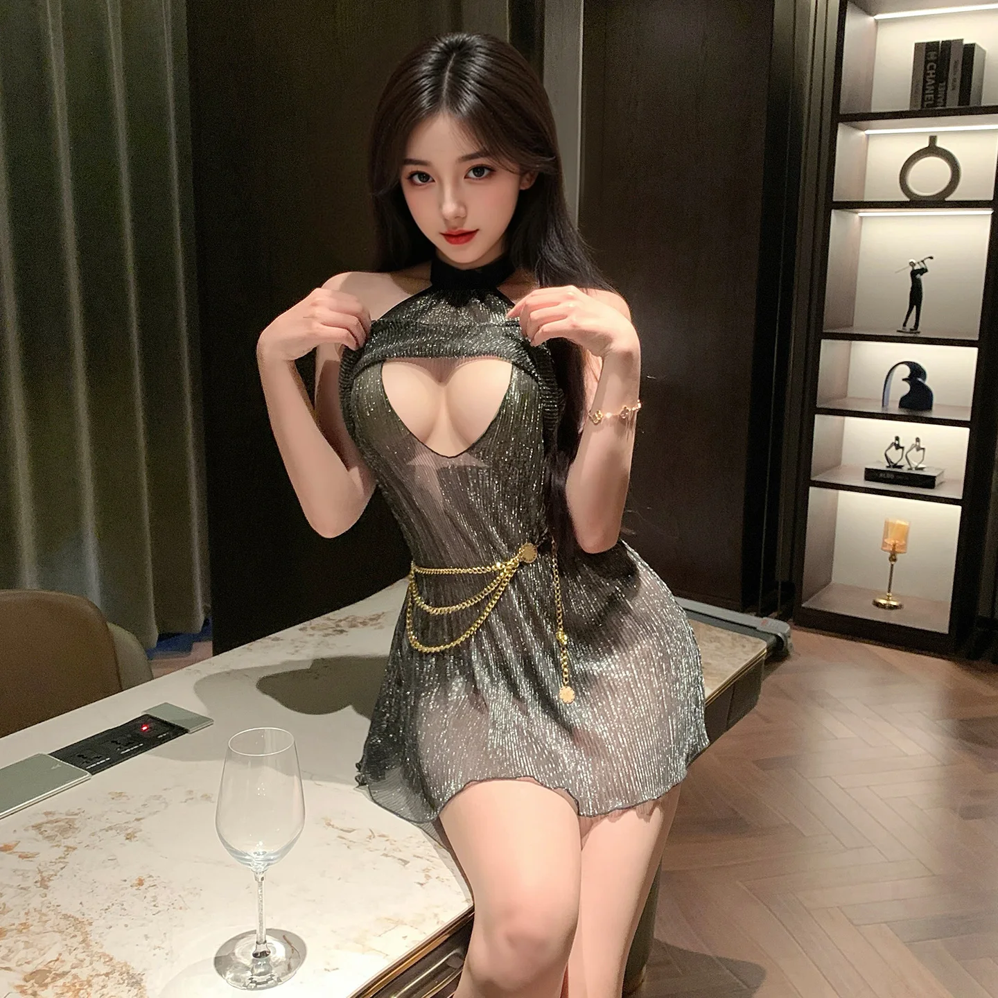 

LISM Women Sheer Halter Nightdress Set Keyhole Cutout Choker Mesh Fabric Intimate Costume Sexy Teasing See-through Cosplay