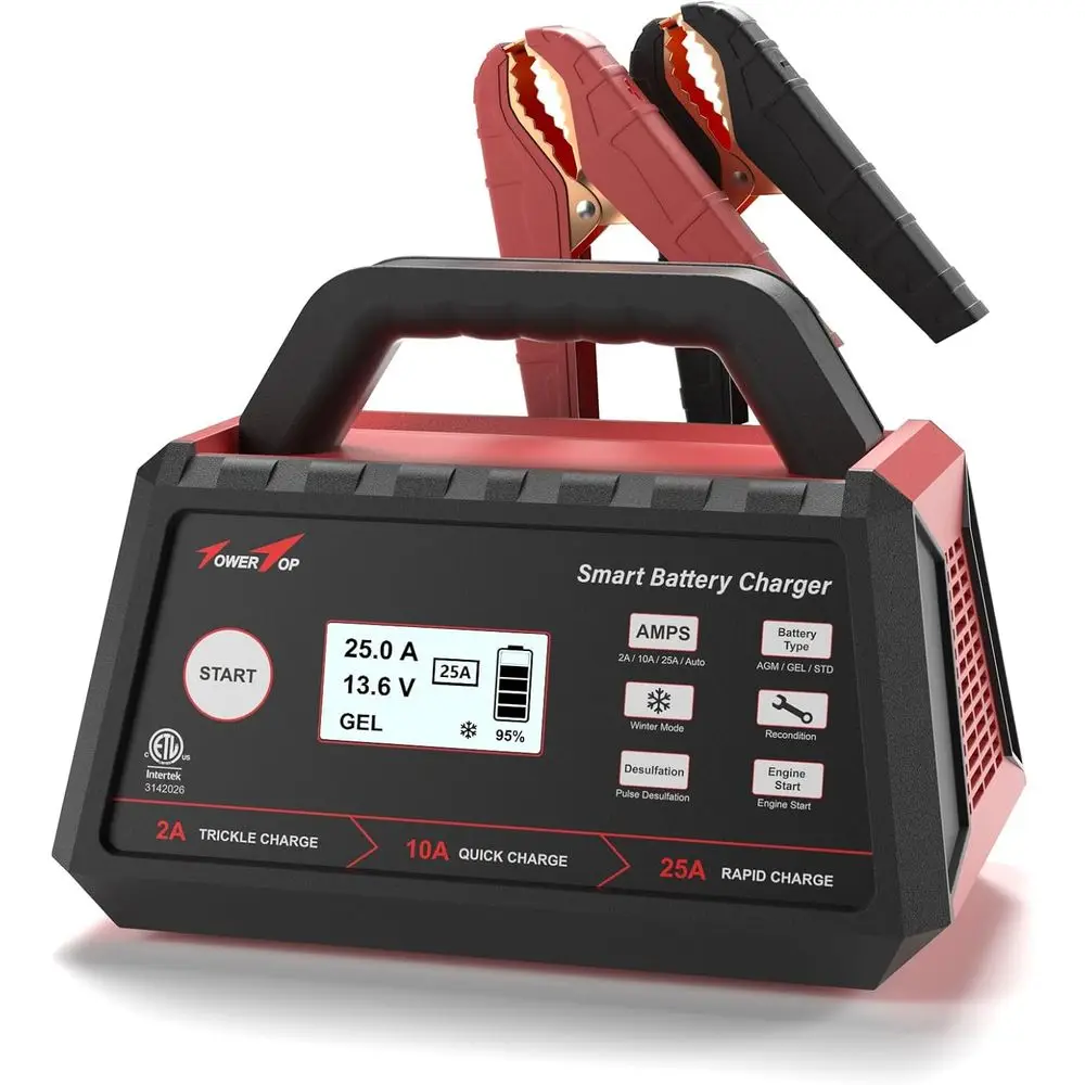 

10/25 Amp 12V Smart Car Battery Charger, Fully Automatic Battery Maintainer with Engine Start, Auto Desulfator, Battery Repair,