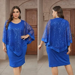 Plus Size Women Sequin Embroidered Lace Dress Elegant Slim Fit Shawl Dress Women Mother Attending Wedding Party Dress