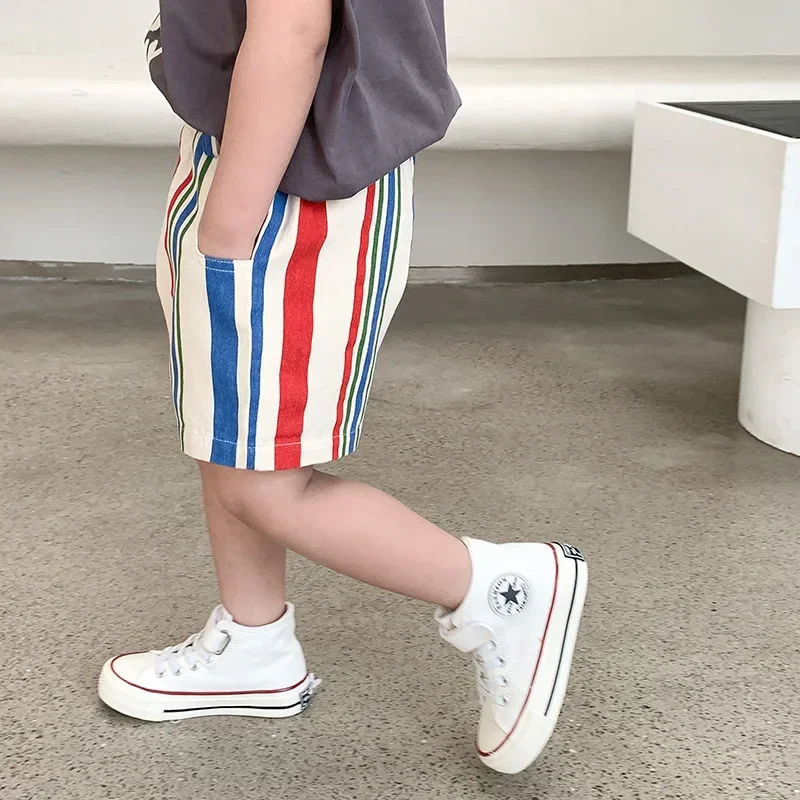 Children Clothing Boys Shorts 2024 Spring Summer Simple Style Color Striped Cotton Korean Handsome Cool Casual Boys Simple Pants