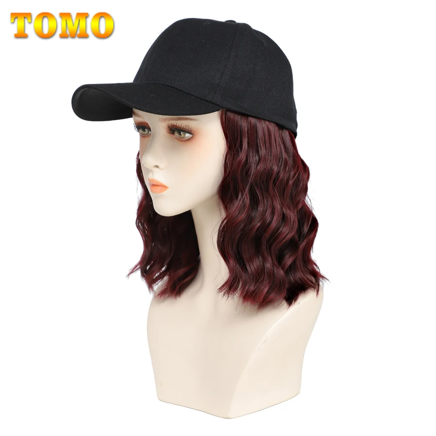 TOMO Hat Wigs For Women Short Wavy Synthetic Hair Extensions With Baseball Cap Wig Adjustable Baseball Hat Wig For Daily Use