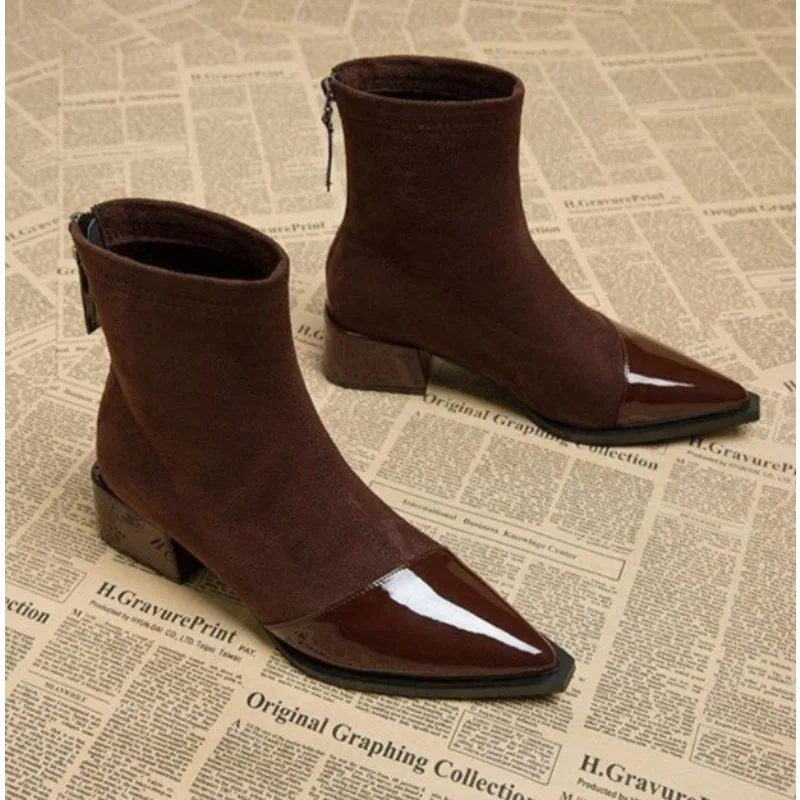 

Ankle Boots Women Chunky Mid Heels Suede Shoes Woman Pointed Toe Trend Winter New Goth Walking Snow Chelsea Botas De Mujer